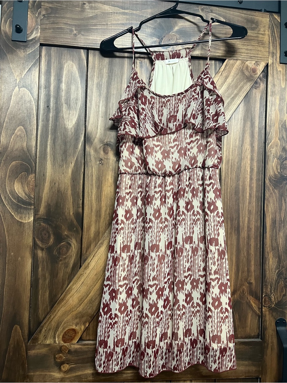 Everly Maroon Ikat Abstract Print Ruffle Tiered Mini Dress